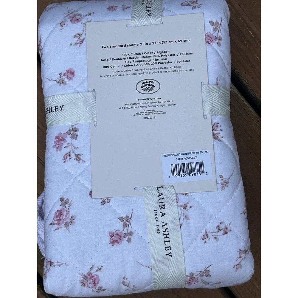 Laura Ashley Rosebuddies Skinny Stripe Pink Cotton Sham Pair Standard Floral New